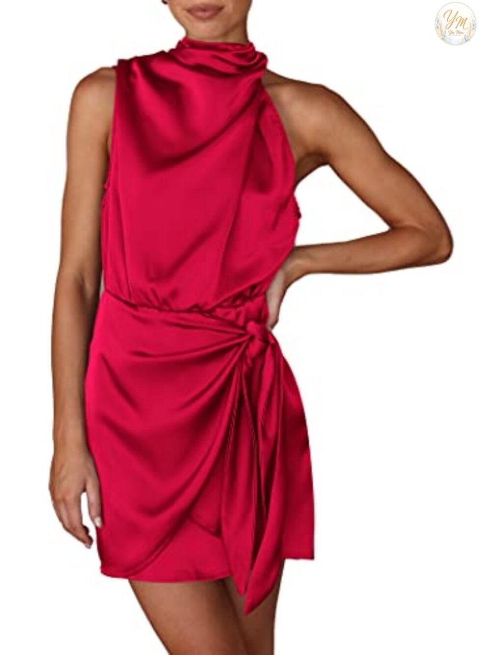 Satin Mini Dress Mock Neck Sleeveless Tie Waist Party Cocktail